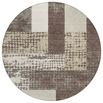 8' Brown Beige And Ivory Round Geometric Washable Indoor Outdoor Area Rug