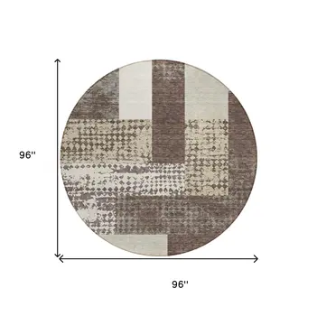 8' Brown Beige And Ivory Round Geometric Washable Indoor Outdoor Area Rug