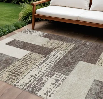 10' X 14' Brown Beige And Ivory Geometric Washable Indoor Outdoor Area Rug