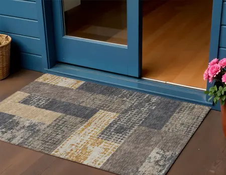 3' X 5' Coffee Taupe And Gold Geometric Washable Indoor Outdoor Area Rug