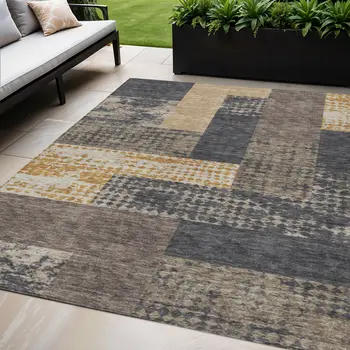 5' X 8' Coffee Taupe And Gold Geometric Washable Indoor Outdoor Area Rug