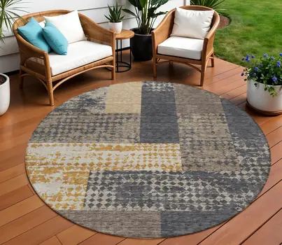 8' Coffee Taupe And Gold Round Geometric Washable Indoor Outdoor Area Rug