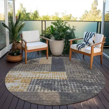 8' Coffee Taupe And Gold Round Geometric Washable Indoor Outdoor Area Rug