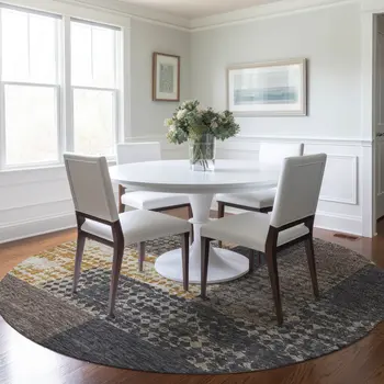 8' Coffee Taupe And Gold Round Geometric Washable Indoor Outdoor Area Rug