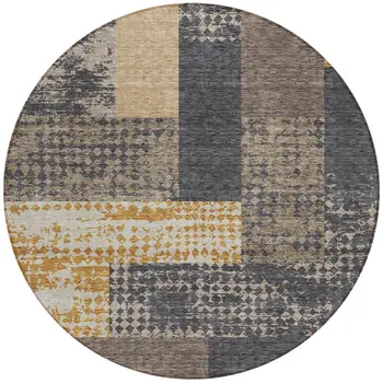 8' Coffee Taupe And Gold Round Geometric Washable Indoor Outdoor Area Rug