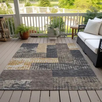 9' X 12' Coffee Taupe And Gold Geometric Washable Indoor Outdoor Area Rug