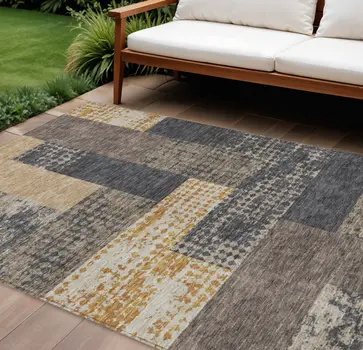 10' X 14' Coffee Taupe And Gold Geometric Washable Indoor Outdoor Area Rug