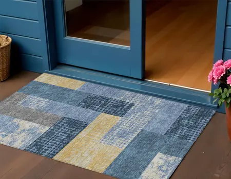 3' X 5' Denim Blue And Gold Geometric Washable Indoor Outdoor Area Rug