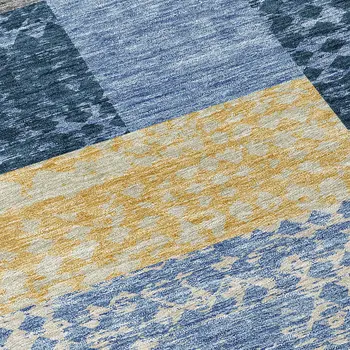 3' X 5' Denim Blue And Gold Geometric Washable Indoor Outdoor Area Rug