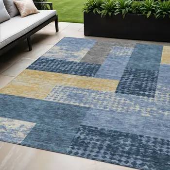 5' X 8' Denim Blue And Gold Geometric Washable Indoor Outdoor Area Rug