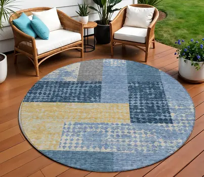 8' Denim Blue And Gold Round Geometric Washable Indoor Outdoor Area Rug