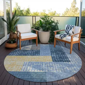 8' Denim Blue And Gold Round Geometric Washable Indoor Outdoor Area Rug