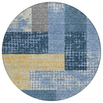 8' Denim Blue And Gold Round Geometric Washable Indoor Outdoor Area Rug