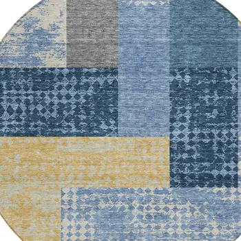 8' Denim Blue And Gold Round Geometric Washable Indoor Outdoor Area Rug