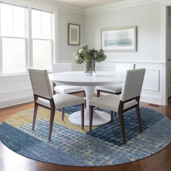 8' Denim Blue And Gold Round Geometric Washable Indoor Outdoor Area Rug