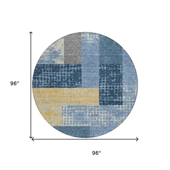 8' Denim Blue And Gold Round Geometric Washable Indoor Outdoor Area Rug