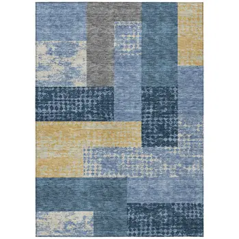 8' X 10' Denim Blue And Gold Geometric Washable Indoor Outdoor Area Rug