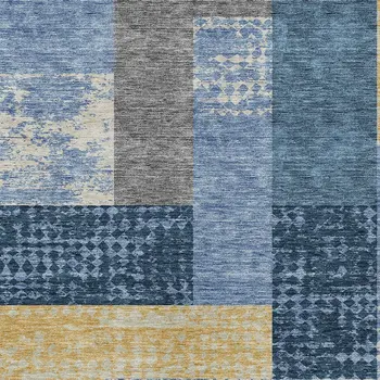 8' X 10' Denim Blue And Gold Geometric Washable Indoor Outdoor Area Rug