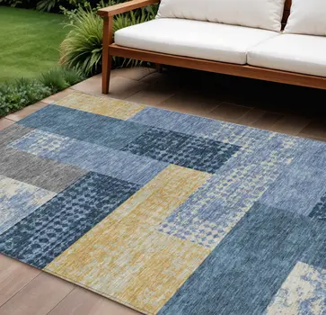 9' X 12' Denim Blue And Gold Geometric Washable Indoor Outdoor Area Rug