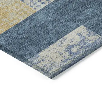 9' X 12' Denim Blue And Gold Geometric Washable Indoor Outdoor Area Rug