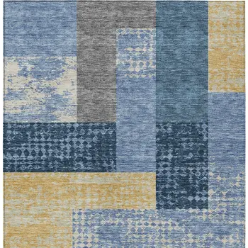 10' X 14' Denim Blue And Gold Geometric Washable Indoor Outdoor Area Rug
