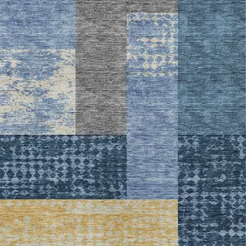 10' X 14' Denim Blue And Gold Geometric Washable Indoor Outdoor Area Rug
