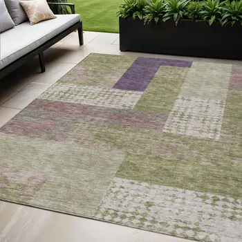 5' X 8' Green Purple And Pink Geometric Washable Indoor Outdoor Area Rug
