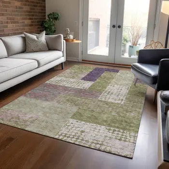 5' X 8' Green Purple And Pink Geometric Washable Indoor Outdoor Area Rug