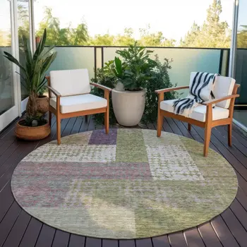 8' Green Purple And Pink Round Geometric Washable Indoor Outdoor Area Rug
