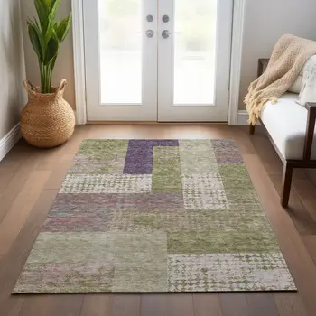 8' X 10' Green Purple And Pink Geometric Washable Indoor Outdoor Area Rug