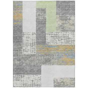 3' X 5' Gray Ivory And Mint Green Geometric Washable Indoor Outdoor Area Rug