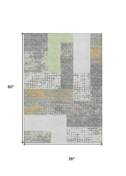 3' X 5' Gray Ivory And Mint Green Geometric Washable Indoor Outdoor Area Rug