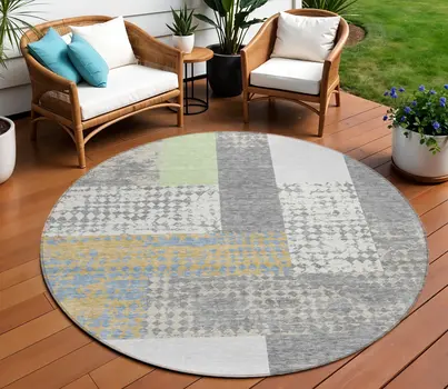 8' Gray Ivory And Mint Green Round Geometric Washable Indoor Outdoor Area Rug