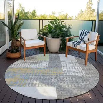 8' Gray Ivory And Mint Green Round Geometric Washable Indoor Outdoor Area Rug