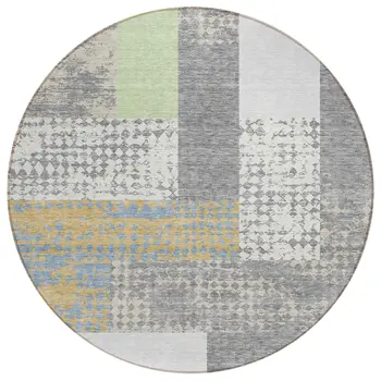 8' Gray Ivory And Mint Green Round Geometric Washable Indoor Outdoor Area Rug