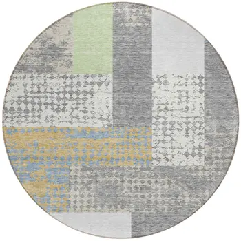 8' Gray Ivory And Mint Green Round Geometric Washable Indoor Outdoor Area Rug