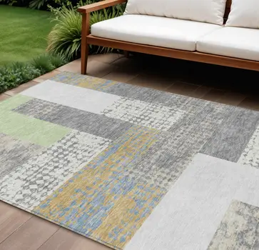10' X 14' Gray Ivory And Mint Green Geometric Washable Indoor Outdoor Area Rug