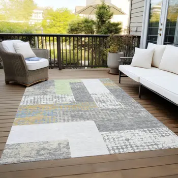 10' X 14' Gray Ivory And Mint Green Geometric Washable Indoor Outdoor Area Rug