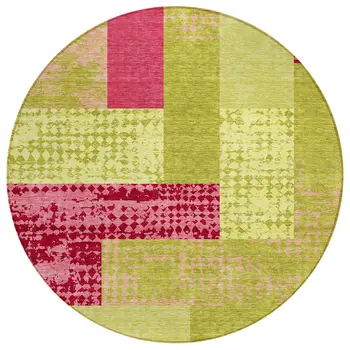8' Lime Green And Pink Round Geometric Washable Indoor Outdoor Area Rug