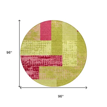 8' Lime Green And Pink Round Geometric Washable Indoor Outdoor Area Rug