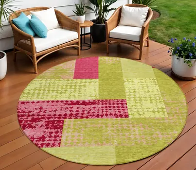 8' Lime Green And Pink Round Geometric Washable Indoor Outdoor Area Rug
