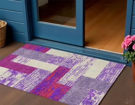 3' X 5' Lavender Ivory And Red Geometric Washable Indoor Outdoor Area Rug