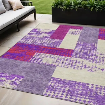 5' X 8' Lavender Ivory And Red Geometric Washable Indoor Outdoor Area Rug