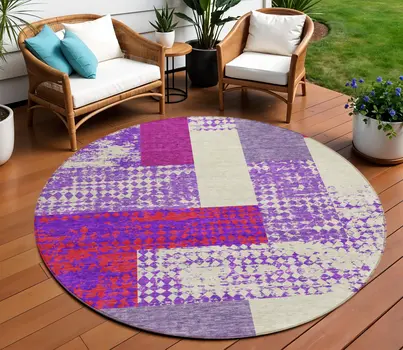 8' Lavender Ivory And Red Round Geometric Washable Indoor Outdoor Area Rug