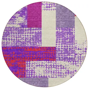 8' Lavender Ivory And Red Round Geometric Washable Indoor Outdoor Area Rug