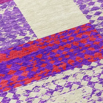 8' Lavender Ivory And Red Round Geometric Washable Indoor Outdoor Area Rug