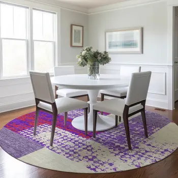 8' Lavender Ivory And Red Round Geometric Washable Indoor Outdoor Area Rug