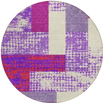 8' Lavender Ivory And Red Round Geometric Washable Indoor Outdoor Area Rug