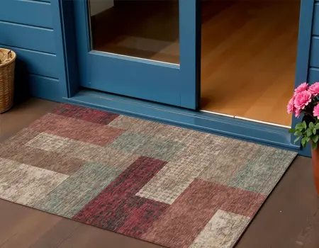 3' X 5' Brown And Terra Cotta Geometric Washable Indoor Outdoor Area Rug