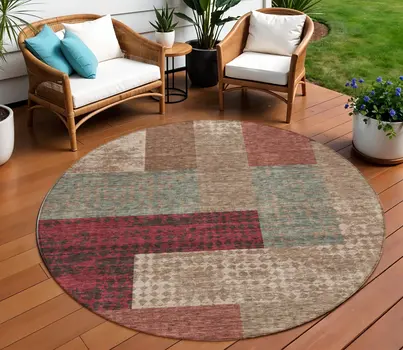 8' Brown And Terra Cotta Round Geometric Washable Indoor Outdoor Area Rug